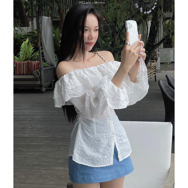 ( Chuẩn Loại 1 + Ảnh Thật ) Set Áo Trắng Trễ Vai Bèo Trễ Vai Tay Dài Loe Kèm Chân Váy Jean Xanh Có Túi