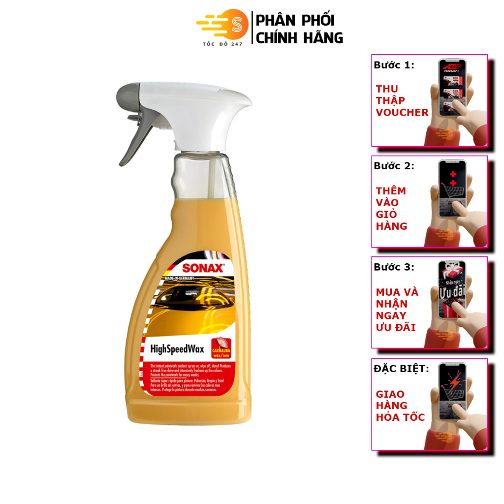 Chai xịt đánh bóng nhanh và bảo vệ sơn xe khi ướt Sonax 288200 500ml - có sáp Carnauba, dùng được trên nhựa, cao su