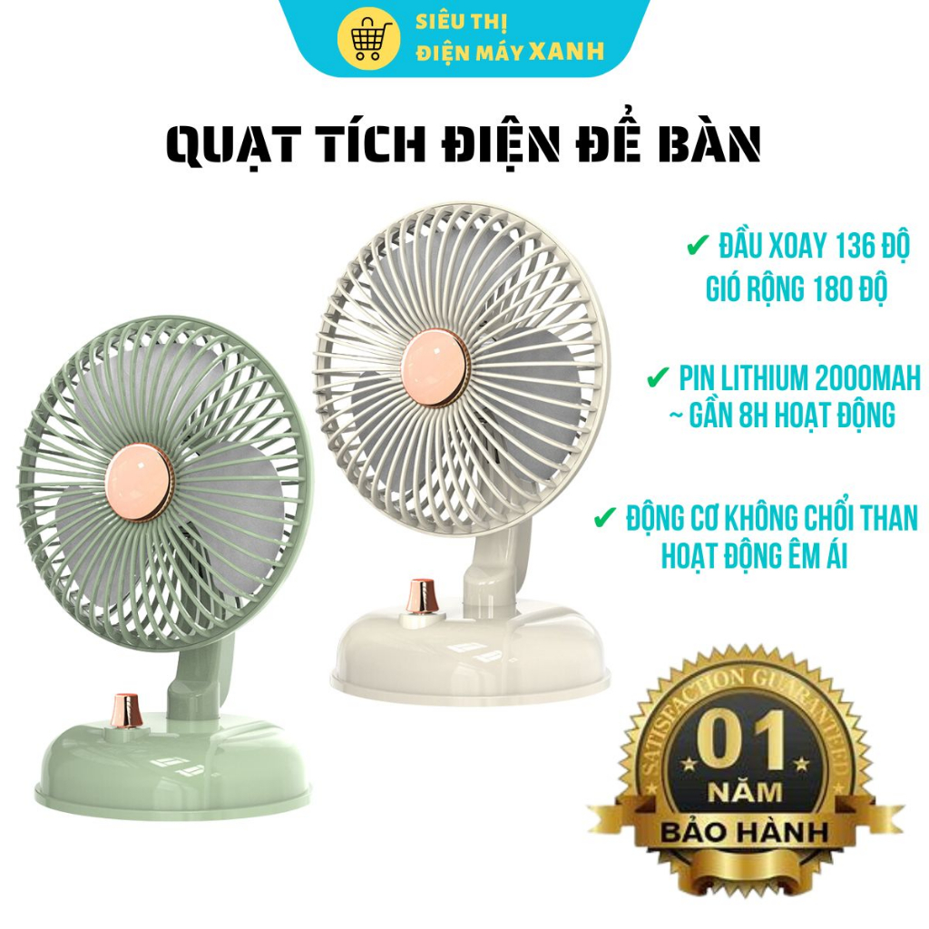 Quạt Tích Điện Để Bàn Mini, 3 Tốc Độ Gió, Pin 2000mAh Siêu Khỏe, Xoay 168 Độ, Sạc Nhanh Type-C, 2 Màu - Bảo Hành 1 Năm | BigBuy360 - bigbuy360.vn