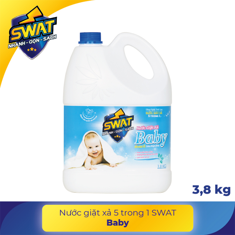 Nước Giặt Xả 5 in 1 SWAT hương Baby siêu thơm Can 3.8KG - Siêu tiết kiệm giúp diệt khuẩn, công nghệ lưu hương kép