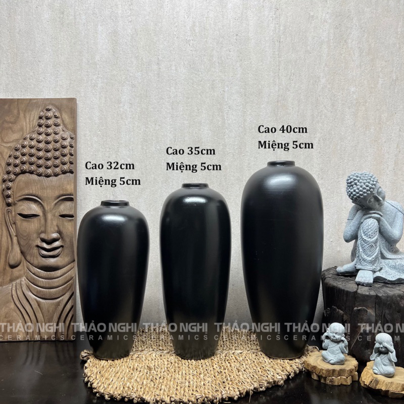 Bình Hoa Cổ Nhỏ Dáng Bình Bom Đen Men Mát - Bình Hoa Bát Tràng - Lọ Hoa Trang Trí, Decor - Bình Hoa Miệng Nhỏ Màu Đen