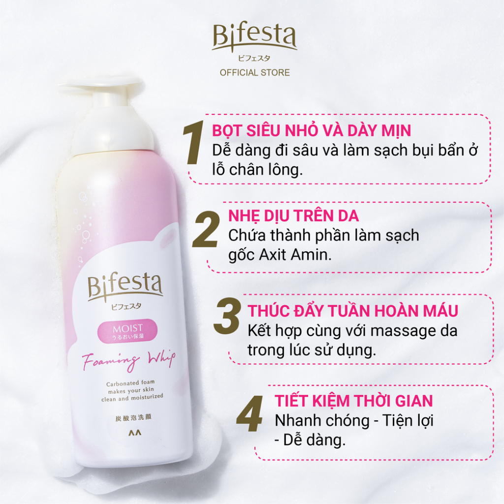 Sữa rửa mặt dạng bọt sạch sâu dưỡng ẩm Bifesta Foaming Whip MOIST 180G