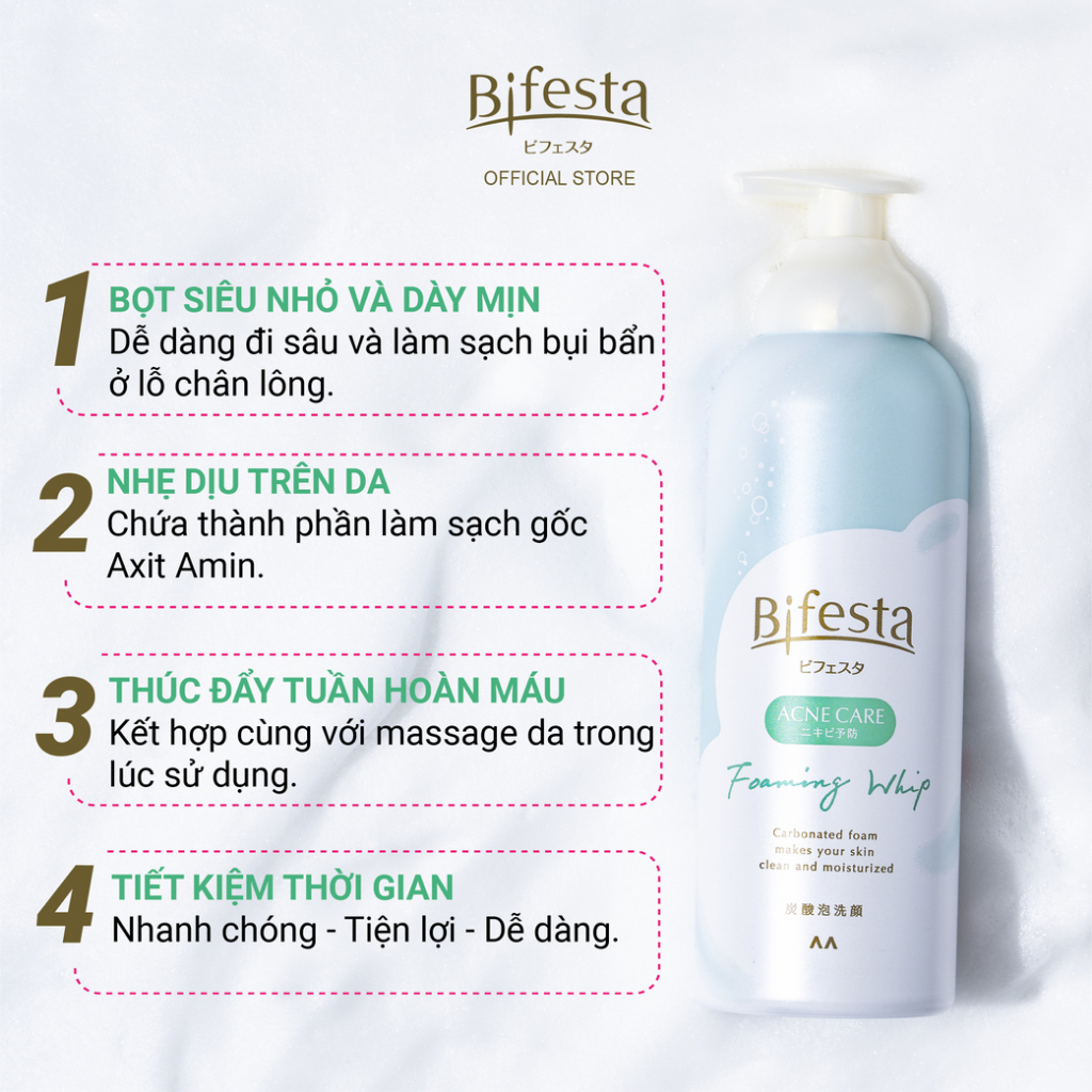 Sữa rửa mặt dạng bọt sạch sâu ngăn ngừa mụn Bifesta Foaming Whip ACNE CARE 180G