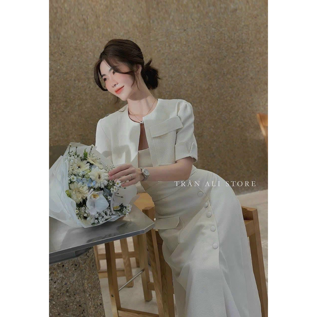 Đầm váy nữ thiết kế sang chảnh thanh lịch, váy nữ 2 dây có túi hộ kèm nút dáng váy dài xòe kèm áo khoác ngoài xinh xắn