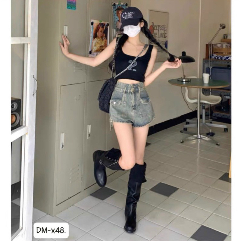 quần short jeans lưng siêu cao, 2 nút domi ( hình thật kèm video)