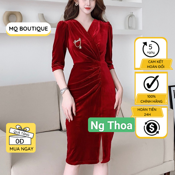 Váy nhung cổ V dáng ôm nữ dự tiệc công sở tay lỡ bồng vai rúm eo sẻ trước, đầm V thiết kế MQ Boutique cao cấp