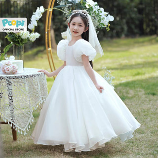 Váy Công Chúa Cho Bé Poopi Đầm Bé Gái Xòe Bồng Tay Phồng Màu Trắng Dễ Thương 15-37kg