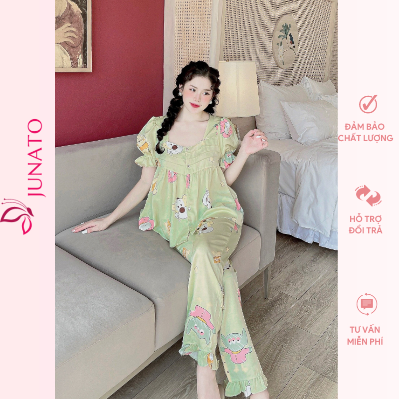 Bộ đồ nữ pijama mặc nhà áo cộc bèo xinh quần dài dễ thương chất lụa ngọc trai cao cấp JUNATO