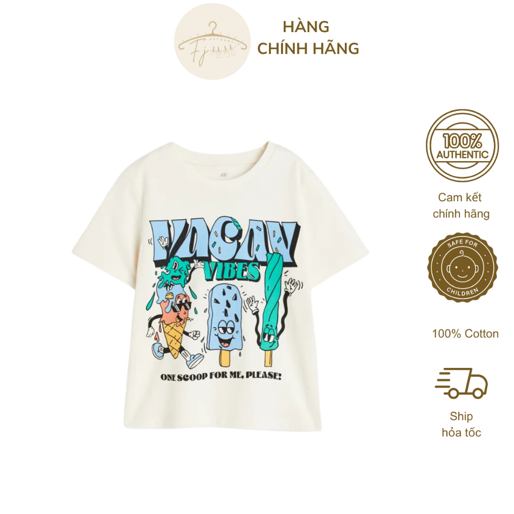Áo phông bé trai chính hãng HM, áo thun ngắn tay trắng họa tiết chất cotton cho bé 18 tháng đến 10 tuổi Auth