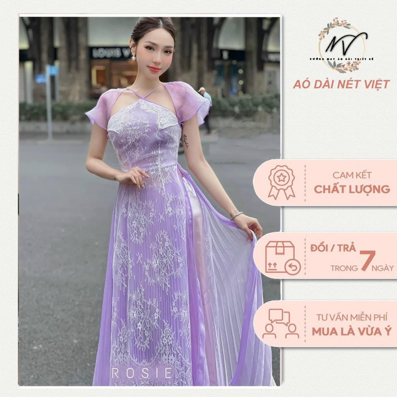 Áo dài Cẩm Tiên cổ yếm tay cách điệh dập ly tà dài tiểu thư Nét Việt