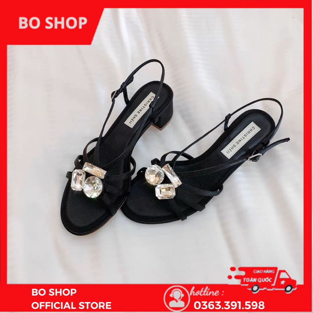 Dép sandal đen nữ 1 cm đế thấp mũi hở dây quai cài đính đá phản quang sang trọng BO SHOP