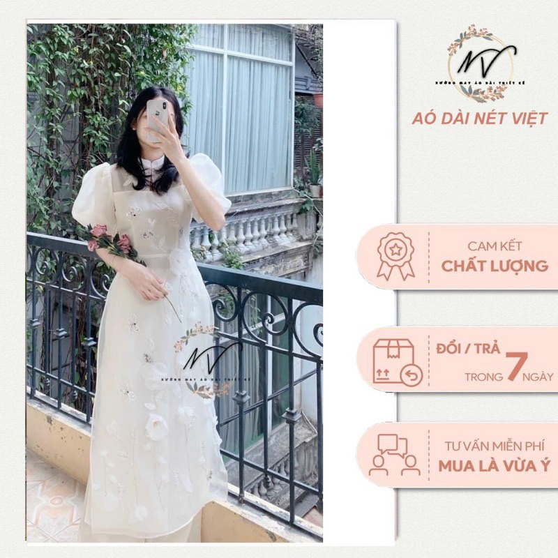 Áo dài anh đào trắng tay bồng họa tiết kết hợp vừa thêu vừa kết nổi sang chảnh Nét Việt
