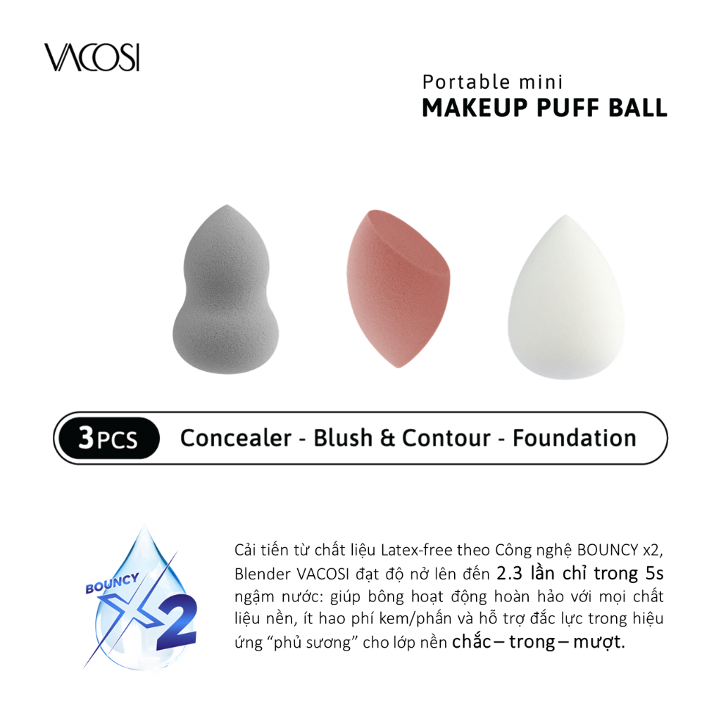 Set 3 Bông Blender Mini - VACOSI Portable Mini Makeup Puff Ball