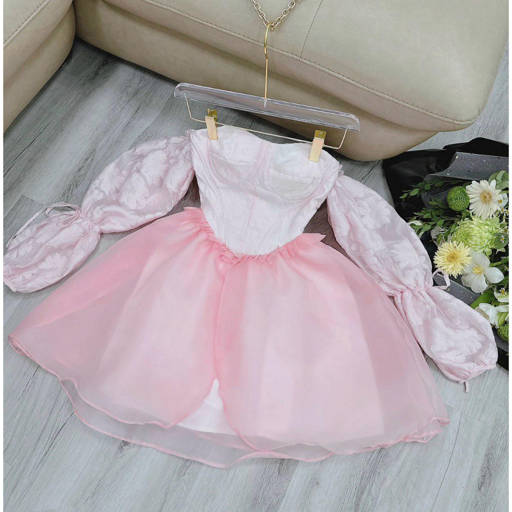 ĐẦM CÚP HOA NỔI TAY BO PHỐI THÂN VOAN HỒNG