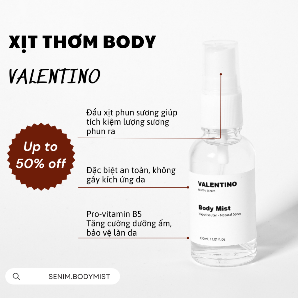 Body mist nữ hương nước hoa Valentino chính hãng SENIM, Body mist chiết hương thơm ngọt ngào - 30mL