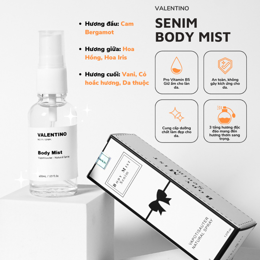 Body mist nữ hương nước hoa Valentino chính hãng SENIM, Body mist chiết hương thơm ngọt ngào - 30mL