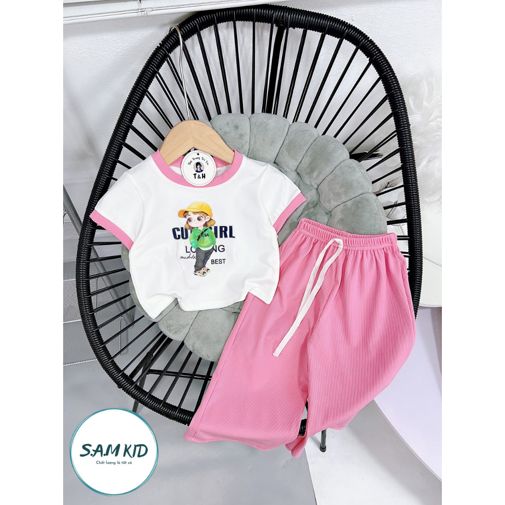 [8-40kg] Đồ bộ bé gái quần ống rộng thu gân lụa cute girl có size đại mát mẻ mùa hè 4 màu xinh xắn