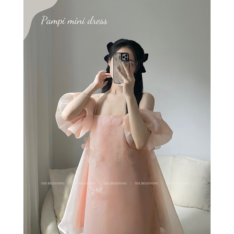 Pampi mini dress váy voan hai dây trễ vai tay bồng