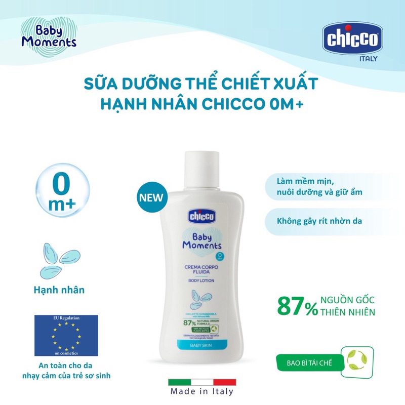 Sữa dưỡng thể chiết xuất Hạnh nhân Chicco 200ml cho bé 0M+ Chicco