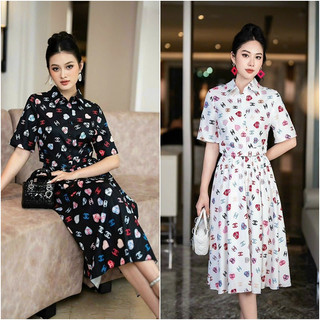 Hàng Quảng Châu - Set Đầm Logo Áo Sơ Mi Kèm Chân Váy Xòe Siêu Sang - DT13455