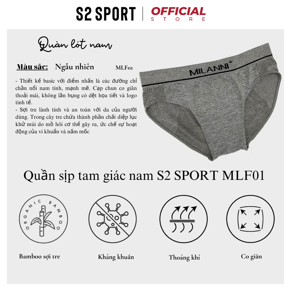 Quần lót nam S2 SPORT MBF01 sịp tam giác cạp cao logo dệt liền co giãn 4 chiều ôm khít thoáng mát kháng khuẩn khử mùi