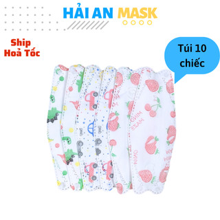 Khẩu trang cho bé kf94 in hình Hải An Mask túi 10 chiếc 4 lớp form từ 4 đến 10 tuổi mềm mịn ôm mặt
