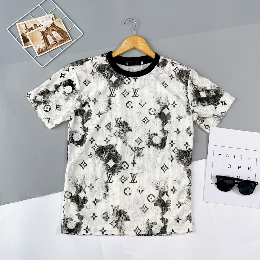Áo thun nam nhung cổ tròn loang màu họa tiết in logo, chất vãi nhung mềm mịn