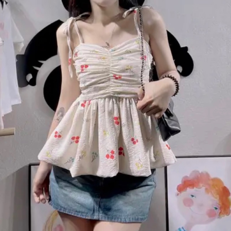 Áo 2 dây hoa babydoll nhún ngực nhún sau lưng - B5P