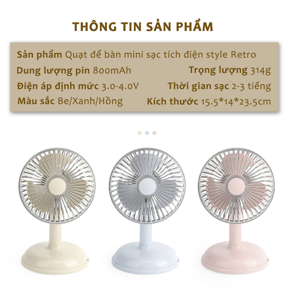 Quạt Tích Điện Để Bàn Kiểu Dáng Vintage 2 Tốc Độ Gió Mát, Quạt Mini Phong Cách Hàn Quốc Xinh Xắn Cổng Sạc USB Tiện Lợi