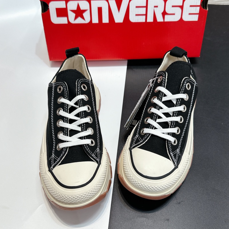 Giày Convers trắng đen đế nâu độn đế cổ thấp- Cv trắng đen đế nâu thấp cổ đế cao nữ ảnh thật fullbox