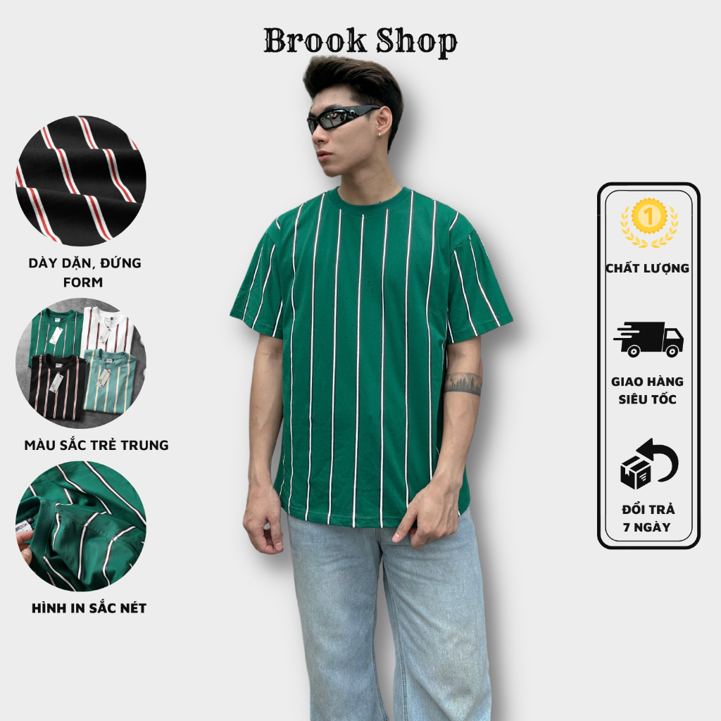 Áo Thun Oversize, Áo Phông Nam Nữ, Áo Thun Unisex Brook Shop Phối Sọc 100% Cotton Nhiều Màu Sắc Mềm Mịn Thoáng Mát BR005