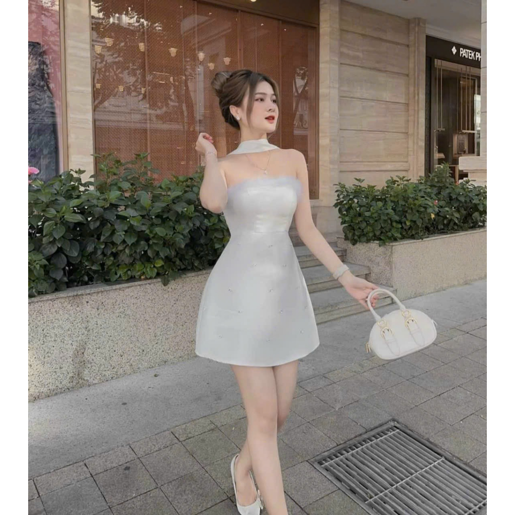 Lolem dress - Đầm váy tafta đính cườm phối lông sang chảnh cho nàng đi chơi, đi tiệc