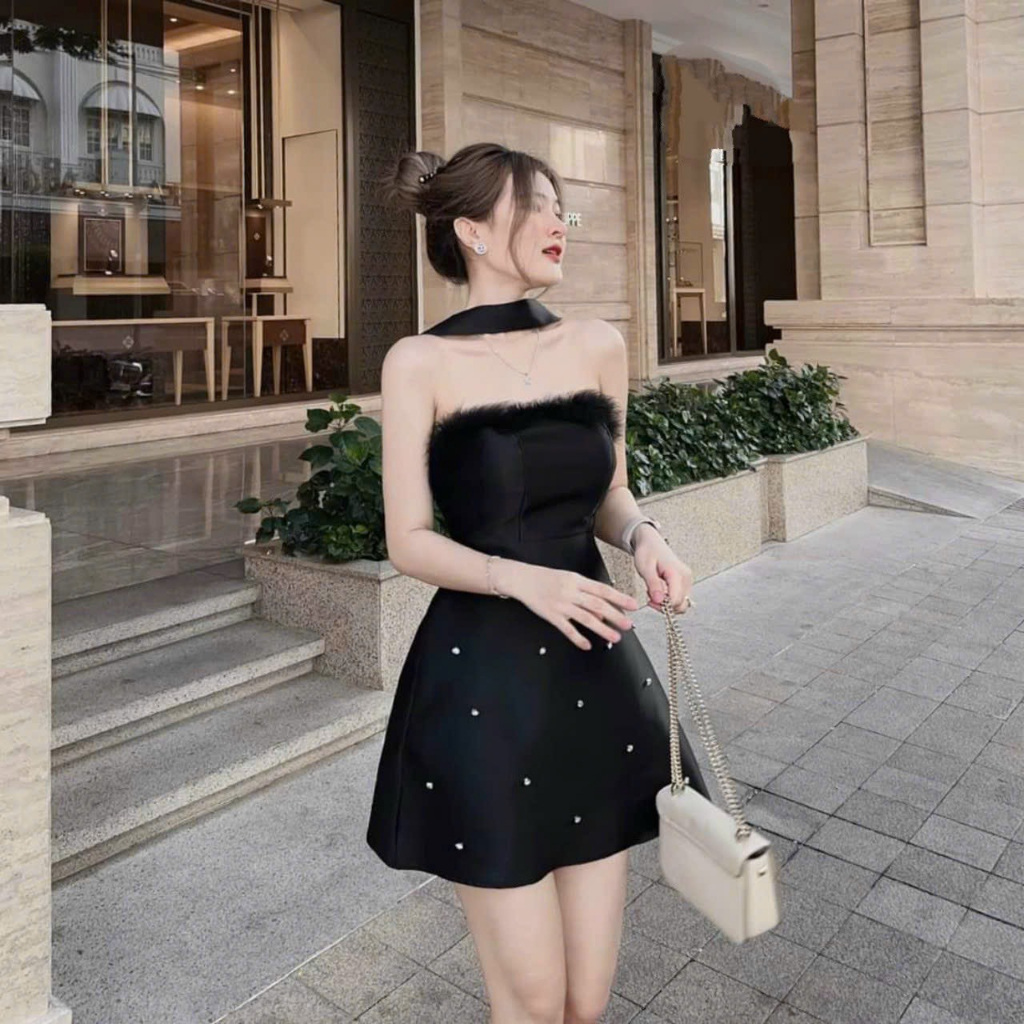 Lolem dress - Đầm váy tafta đính cườm phối lông sang chảnh cho nàng đi chơi, đi tiệc