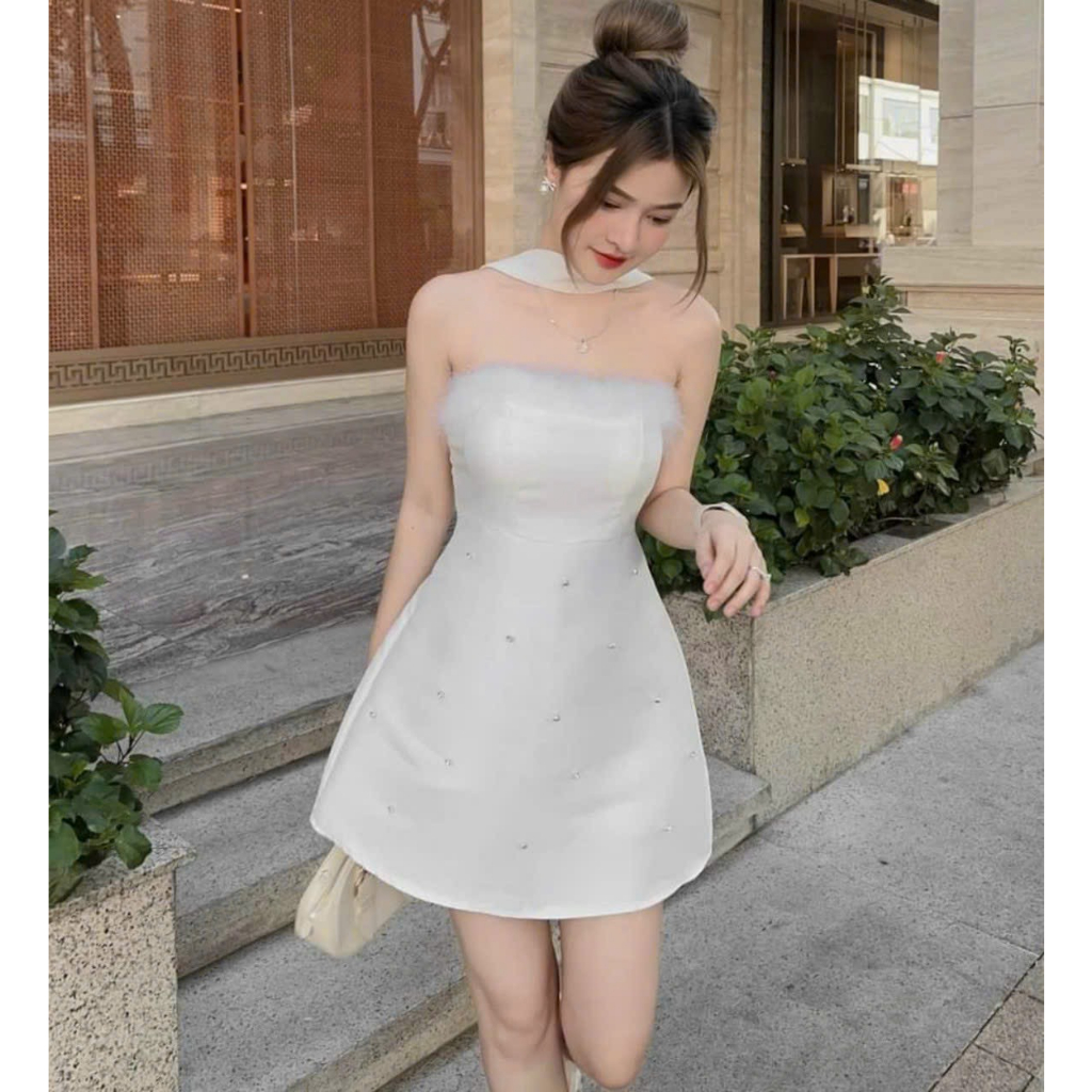 Lolem dress - Đầm váy tafta đính cườm phối lông sang chảnh cho nàng đi chơi, đi tiệc