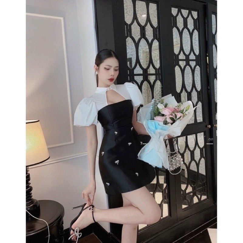Chibi dress - Váy tafta tay bồng khoét ngực đính nơ váy thiết kế dự tiệc hàng thiết kế cao cấp form chất mềm