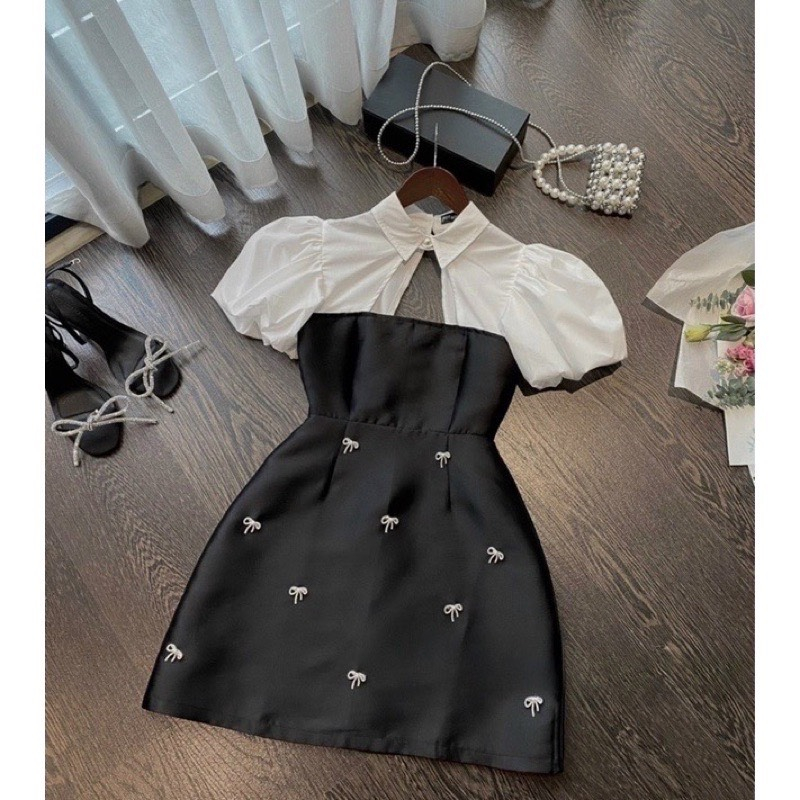 Chibi dress - Váy tafta tay bồng khoét ngực đính nơ váy thiết kế dự tiệc hàng thiết kế cao cấp form chất mềm