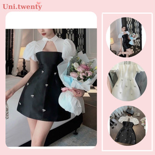 Chibi dress - Váy tafta tay bồng khoét ngực đính nơ váy thiết kế dự tiệc hàng thiết kế cao cấp form chất mềm