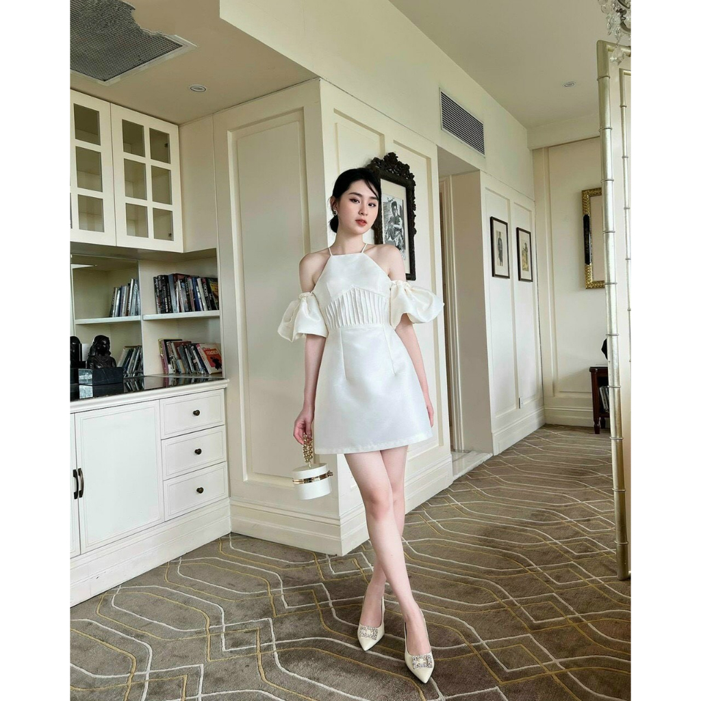 Diva dress - Váy yếm trễ vai tay bồng chất liệu tafta