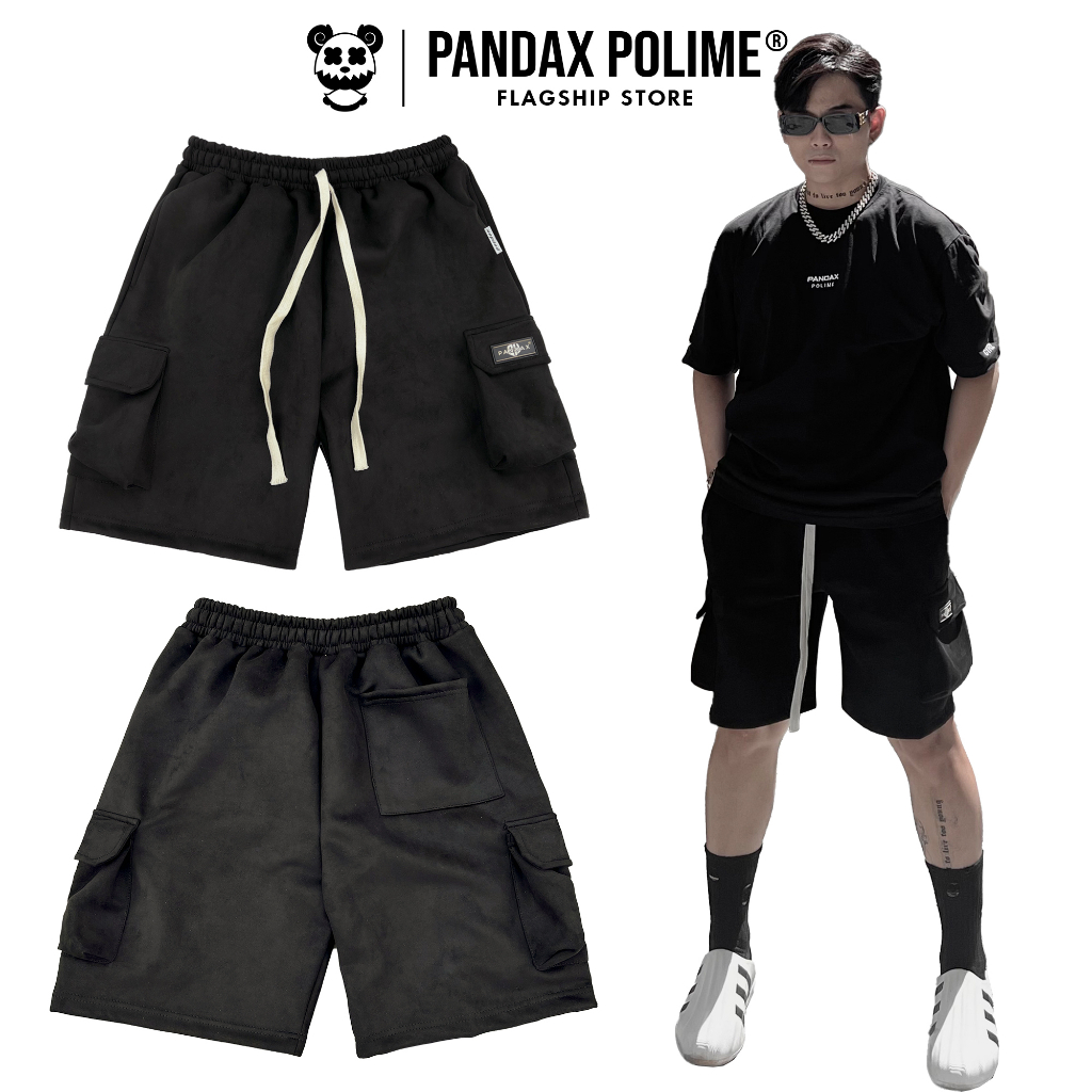 Quần short nam ngắn lưng thun túi hộp local brand big size Pandax polime da lộn basic cao cấp phong cách y2k màu đen