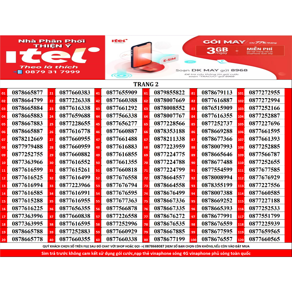 SIM SỐ ĐẸP ITEL GÓI MAY77 120GB/THÁNG GỌI VINAPHONE MIỄN PHÍ