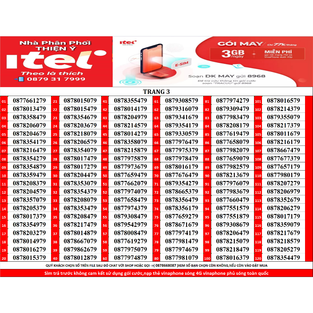 SIM SỐ ĐẸP ITEL GÓI MAY77 120GB/THÁNG GỌI VINAPHONE MIỄN PHÍ