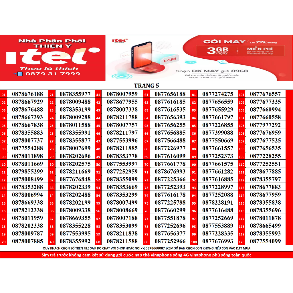 SIM SỐ ĐẸP ITEL GÓI MAY77 120GB/THÁNG GỌI VINAPHONE MIỄN PHÍ