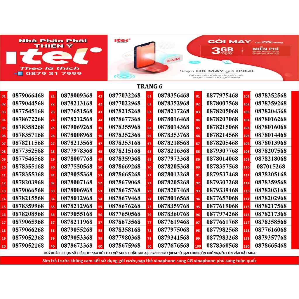SIM SỐ ĐẸP ITEL GÓI MAY77 120GB/THÁNG GỌI VINAPHONE MIỄN PHÍ