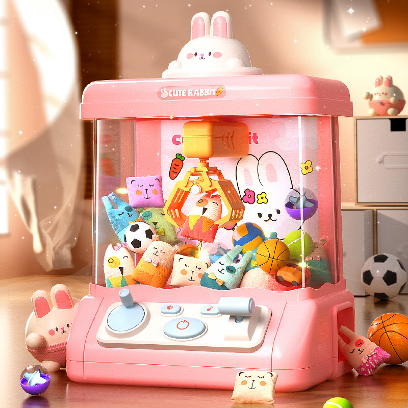 Máy gắp thú bông mini hình con thỏ đếm thời gian có nhạc có đèn sẵn nhiều gấu bông