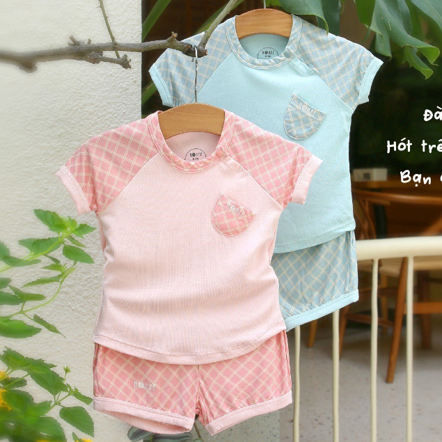 Bộ cộc tay bamboo sợi tre Hrnee Raglan phối kẻ cho bé 7.5kg đến 15.5kg