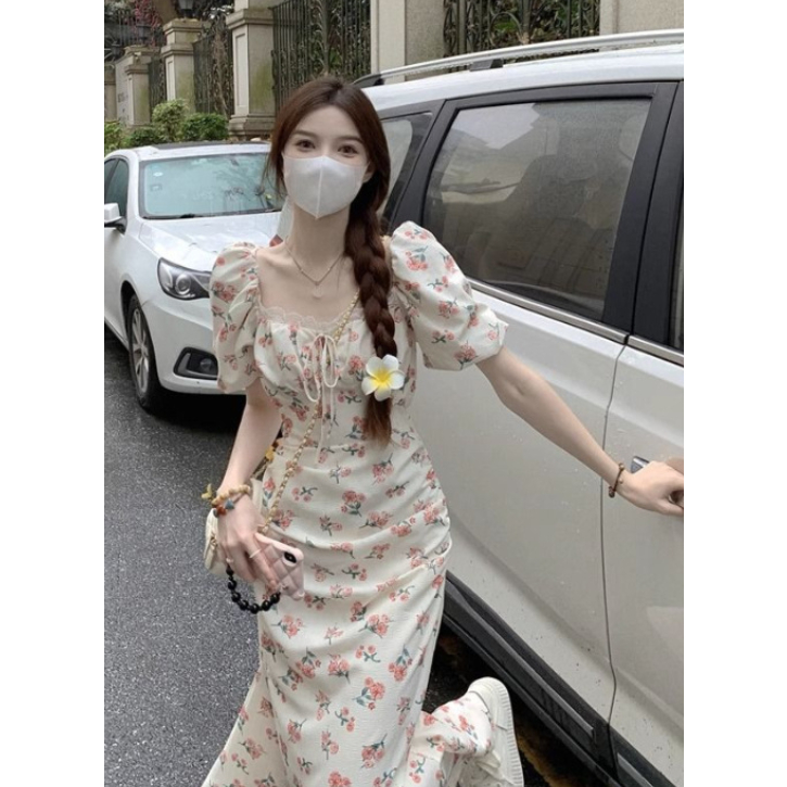 Váy đầm hoa nhí maxi dáng xuông tay phồng phối ren buộc dây bánh bèo tiểu thư nhẹ nhàng thanh lịch mùa hè