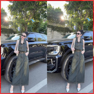 Đầm jean sát nách dáng dài kèm đai hàng quảng châu siêu đẹp - Váy bò cổ yếm nữ