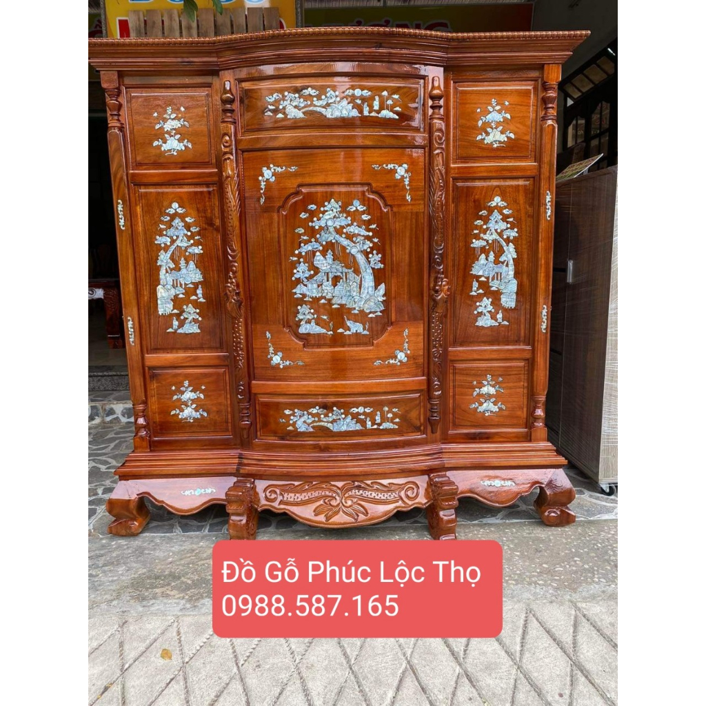 Tủ thờ bụng phệ gỗ tràm,tủ thờ gia tiên chạm cẩn trai ( FREESHIP 70 KM )