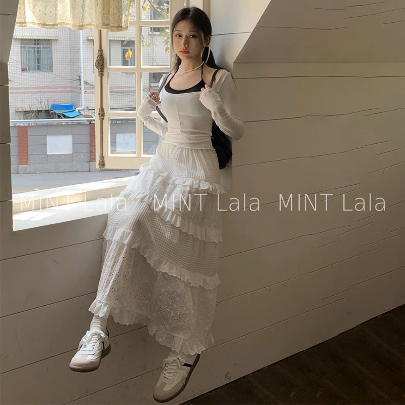 Chân Váy Trắng Dài Xòe Tầng Bèo Cao Cấp Kiểu Lolita  - SẴN