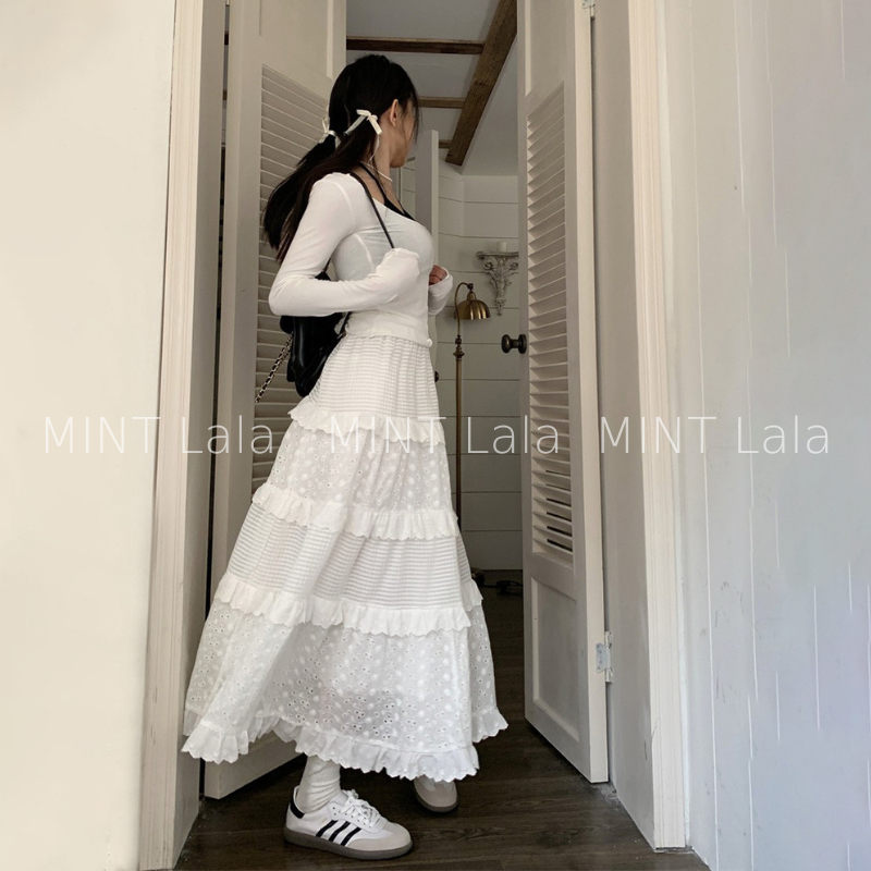 Chân Váy Trắng Dài Xòe Tầng Bèo Cao Cấp Kiểu Lolita  - SẴN